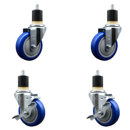 Service Caster 4'' SS Blue Poly Wheel Swivel 1-7/8'' Expanding Stem Caster Set 2 Brakes, 4PK SCC-SSEX20S414-PPUB-BLUE-2-TLB-2-178